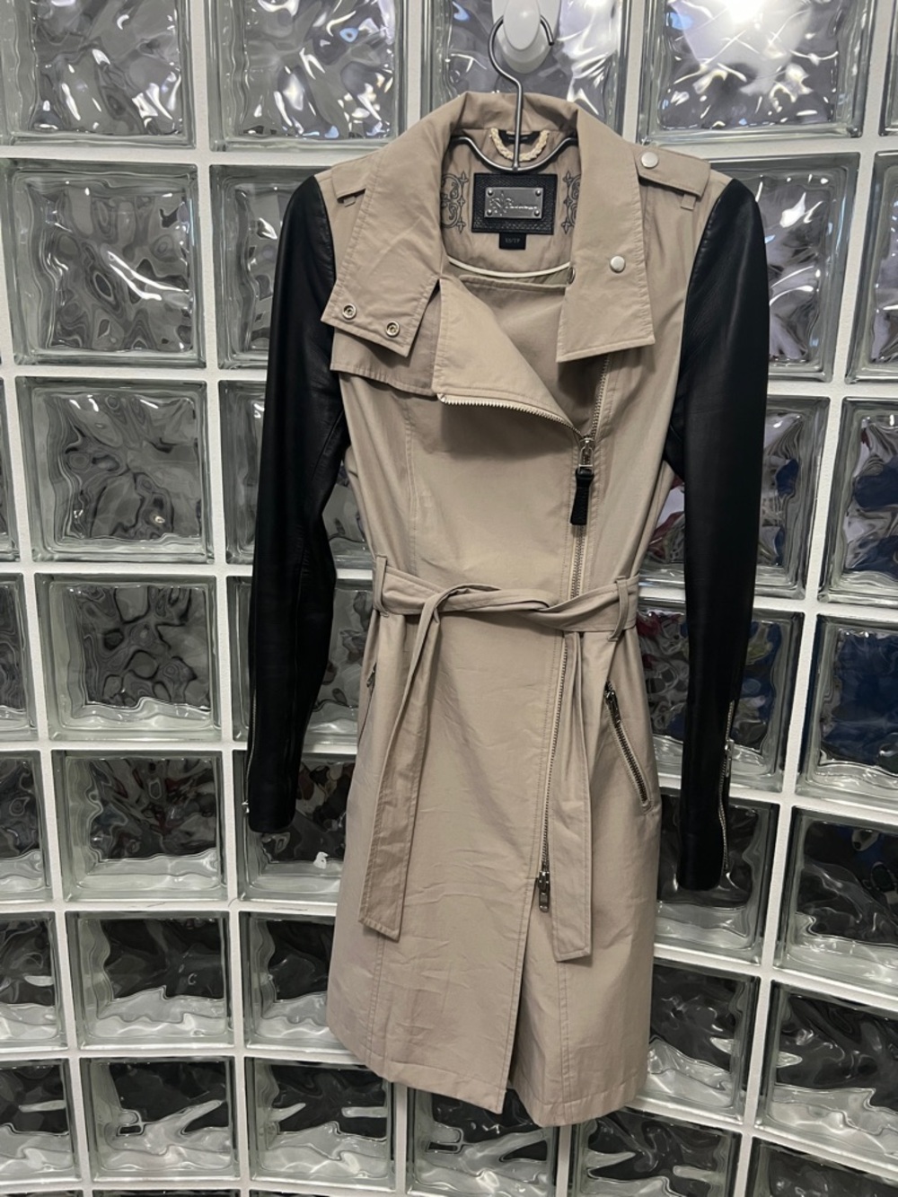 Mackage Two-Tone Beige Trench Coat with Black Leather Sleeves
